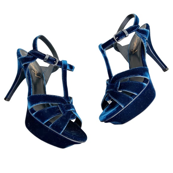 Yves Saint Laurent Shoes - YSL Yves Saint Laurent Tribute 75 Heel Sandal in Bluette Blue Velvet 35.5